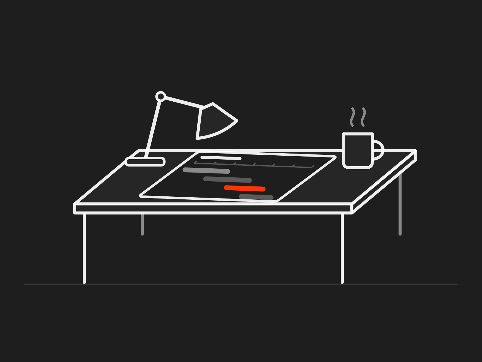 A desk with a printed schedule, a mug of coffee and a lamp