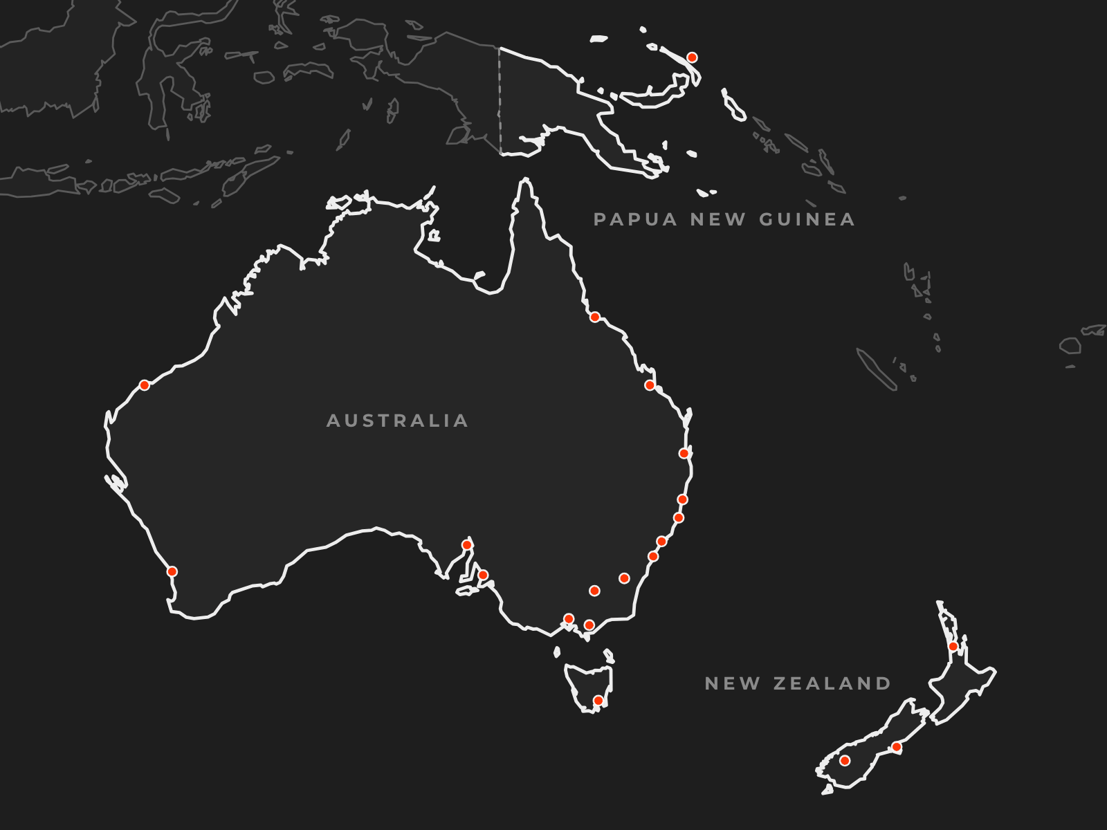 Map of Australia, New Zealand and Papua New Guinea with an orange dot on each of twenty places where we have helped a project team