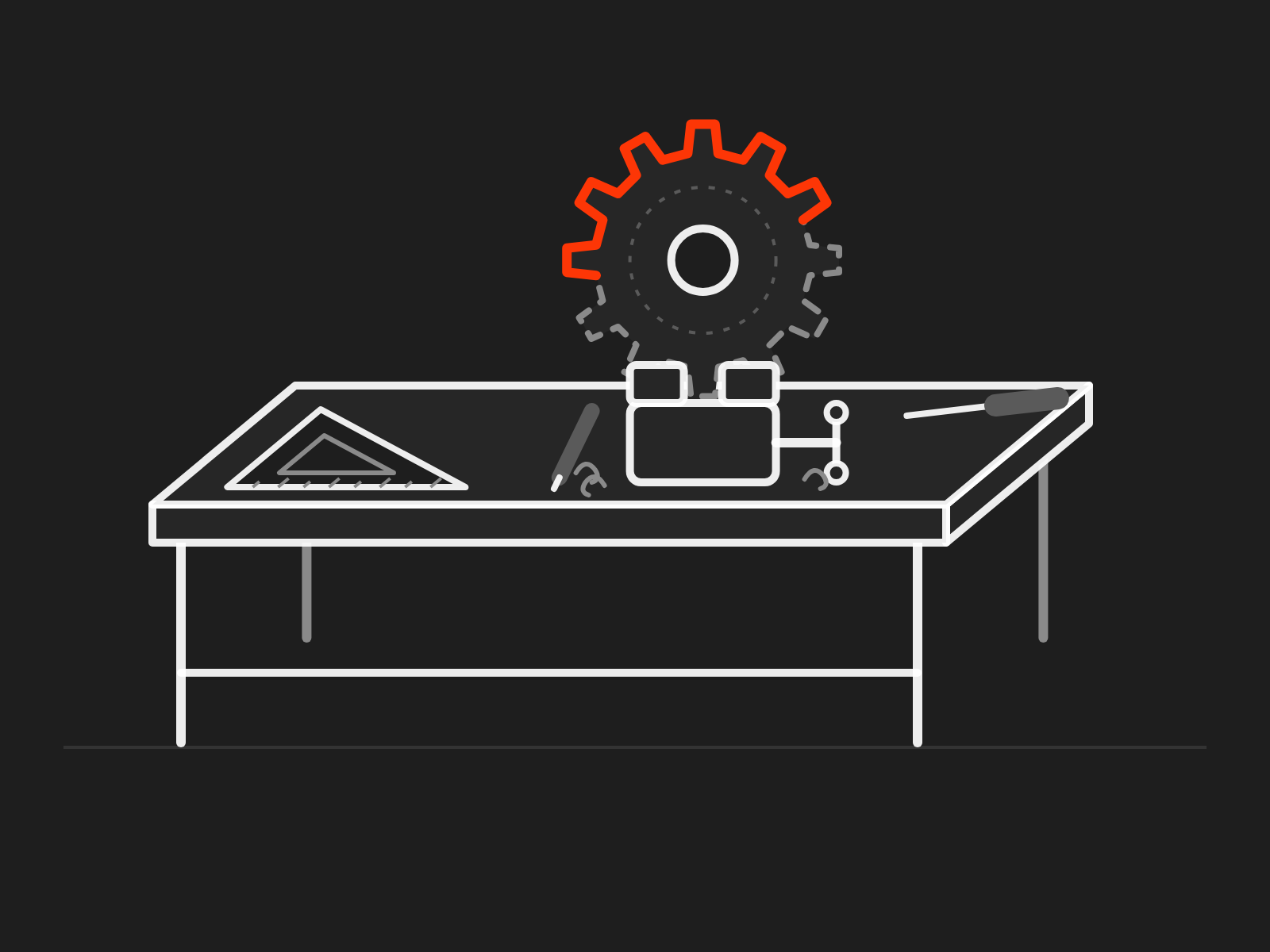 A workbench with a cog held in a vice, its upper half finished in orange and the rest still marked out