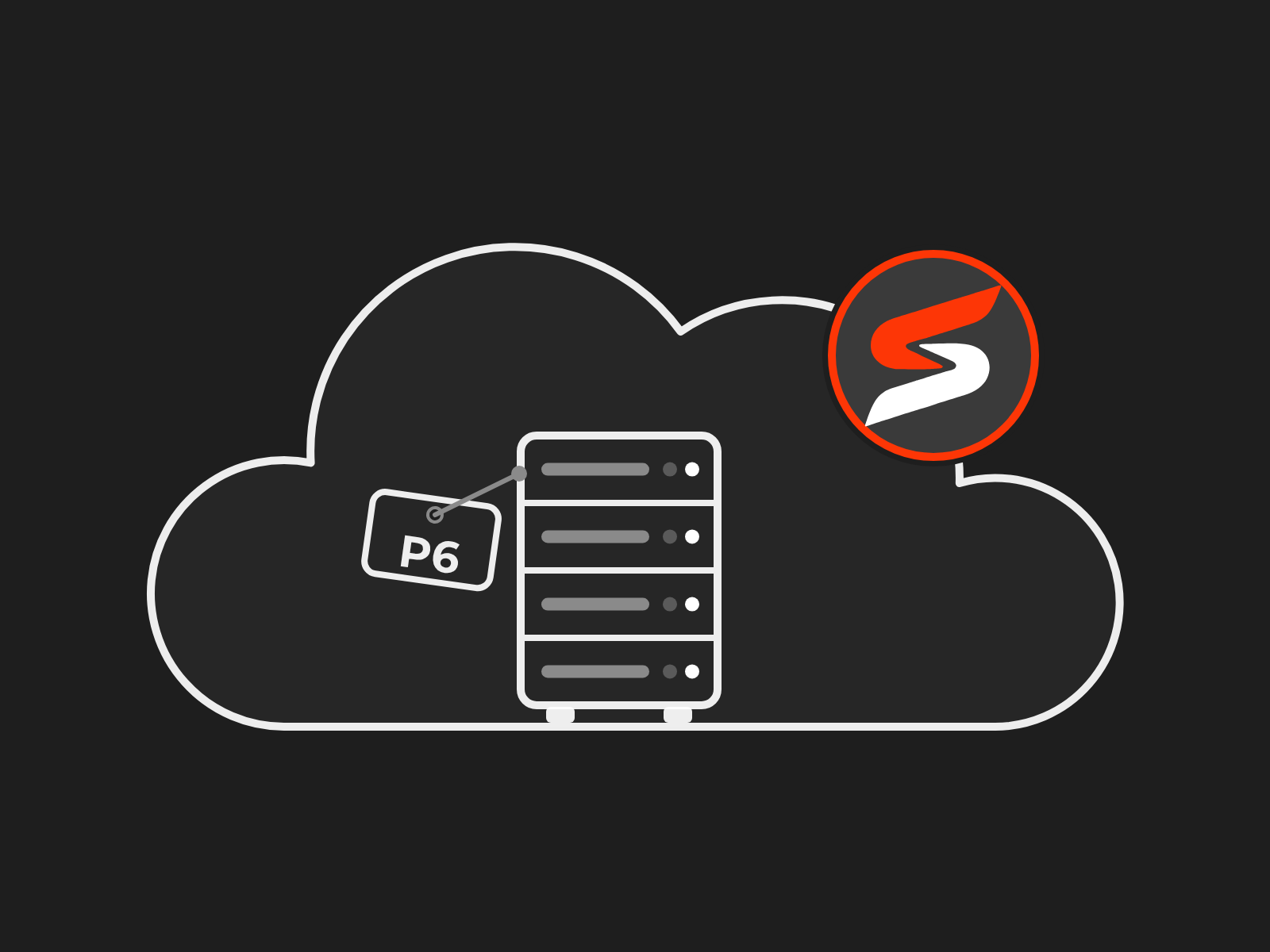 A server rack tagged P6 inside a cloud, with the Skyhigh S icon as a badge on the cloud