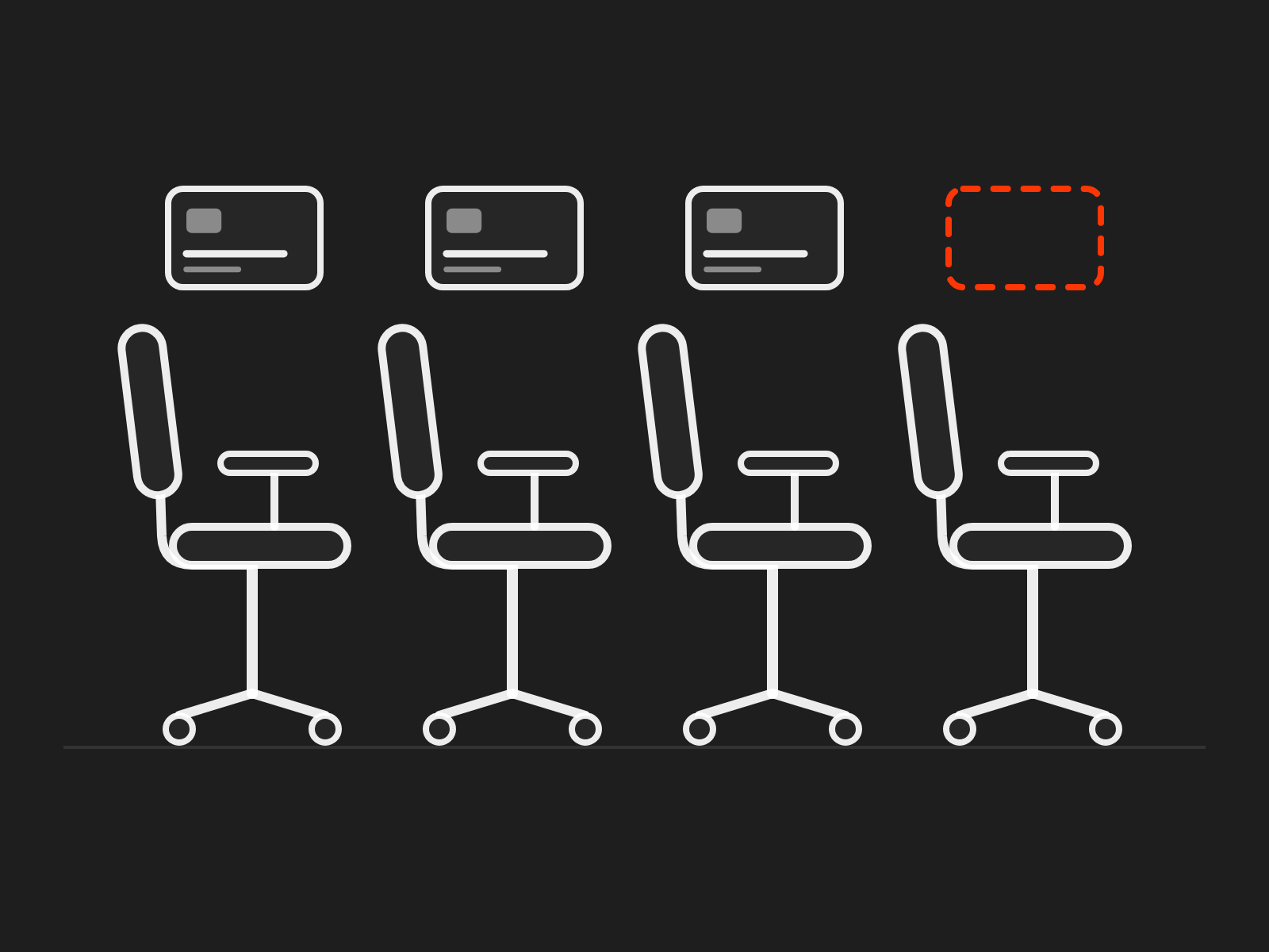 A row of chairs, each with a licence card above it except the last, where the card is missing
