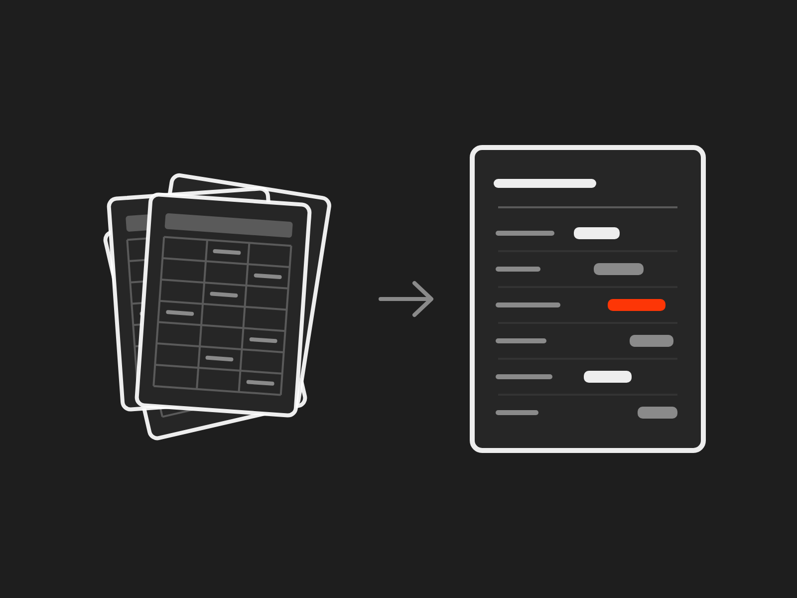 A pile of spreadsheets and an arrow to a single page with one row per project