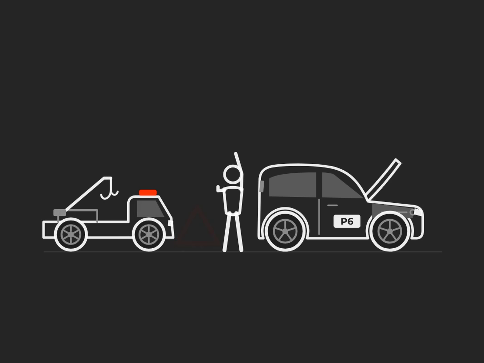 The P6 hatchback stopped at the roadside with its bonnet up, a warning triangle out, and the tow truck arrived beside it